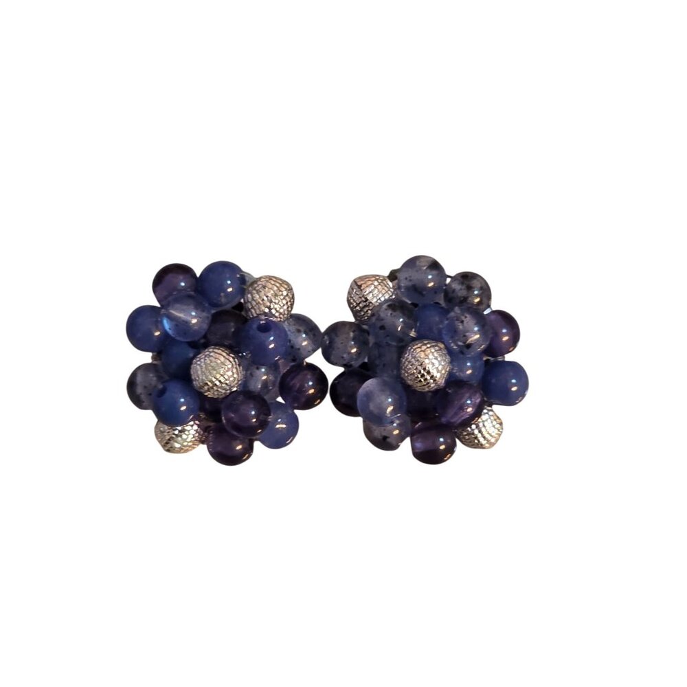 Vintage Hong Kong Clip-On Cluster Earrings With‎ Blue & Silver Tone Beads